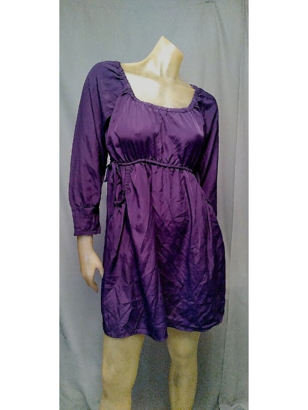 Xhilaration Solid Purple Tie Waist Scoop Neck 3/4 Slv Dress Womens MEDIUM USED